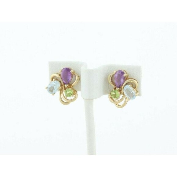 14k Yellow Gold Natural Amethyst, Topaz and Peridot Earrings Stud Post Earrings - Picture 6 of 8